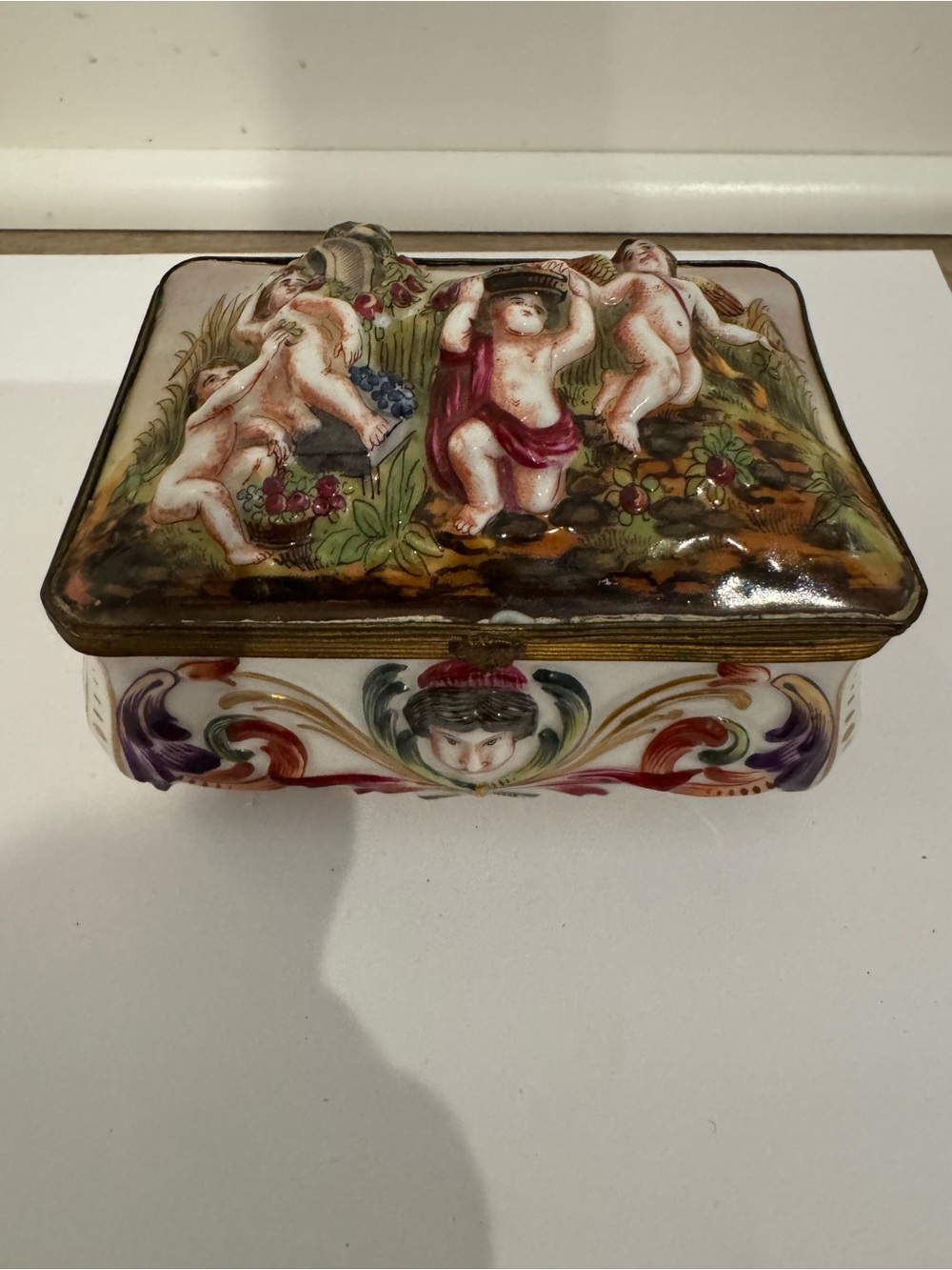 19th Century Capodimonte Porcelain Relief Dresser Box with Cracked Lid